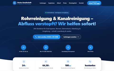 Startseite der Website von Fischer Kanaltechnik – Rohr- und Kanalreinigung in Groß Ippener